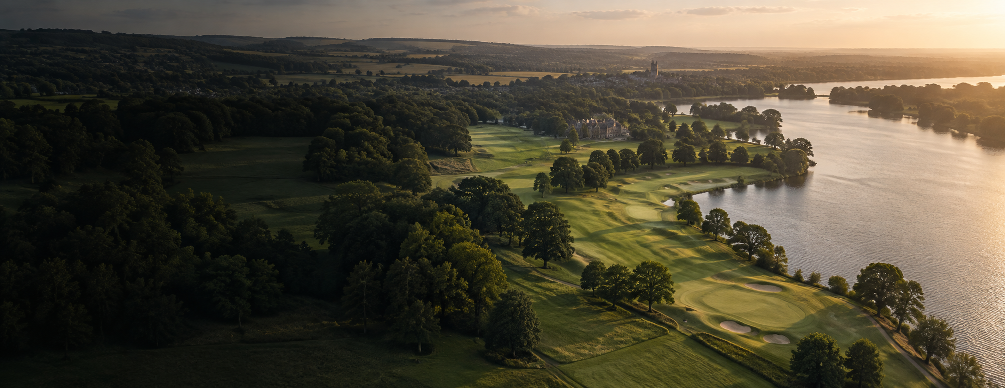 Wide aerial view of a golf course, lake and surrounding countryside