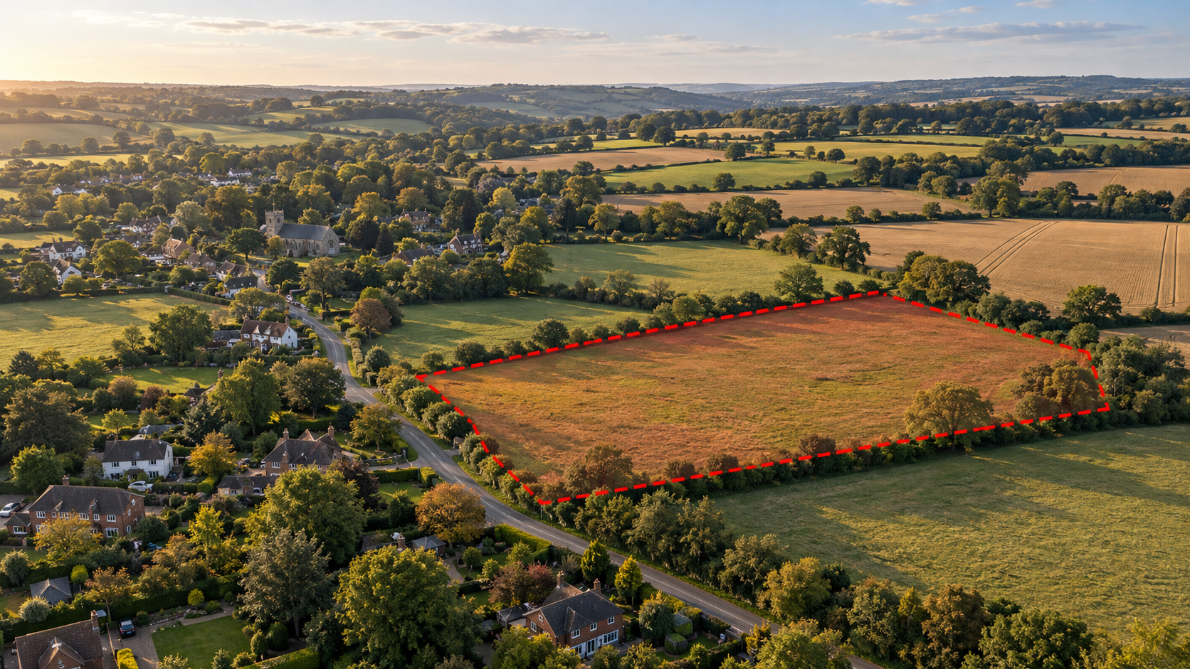 Aerial view of a land parcel highlighted with a red boundary overlay