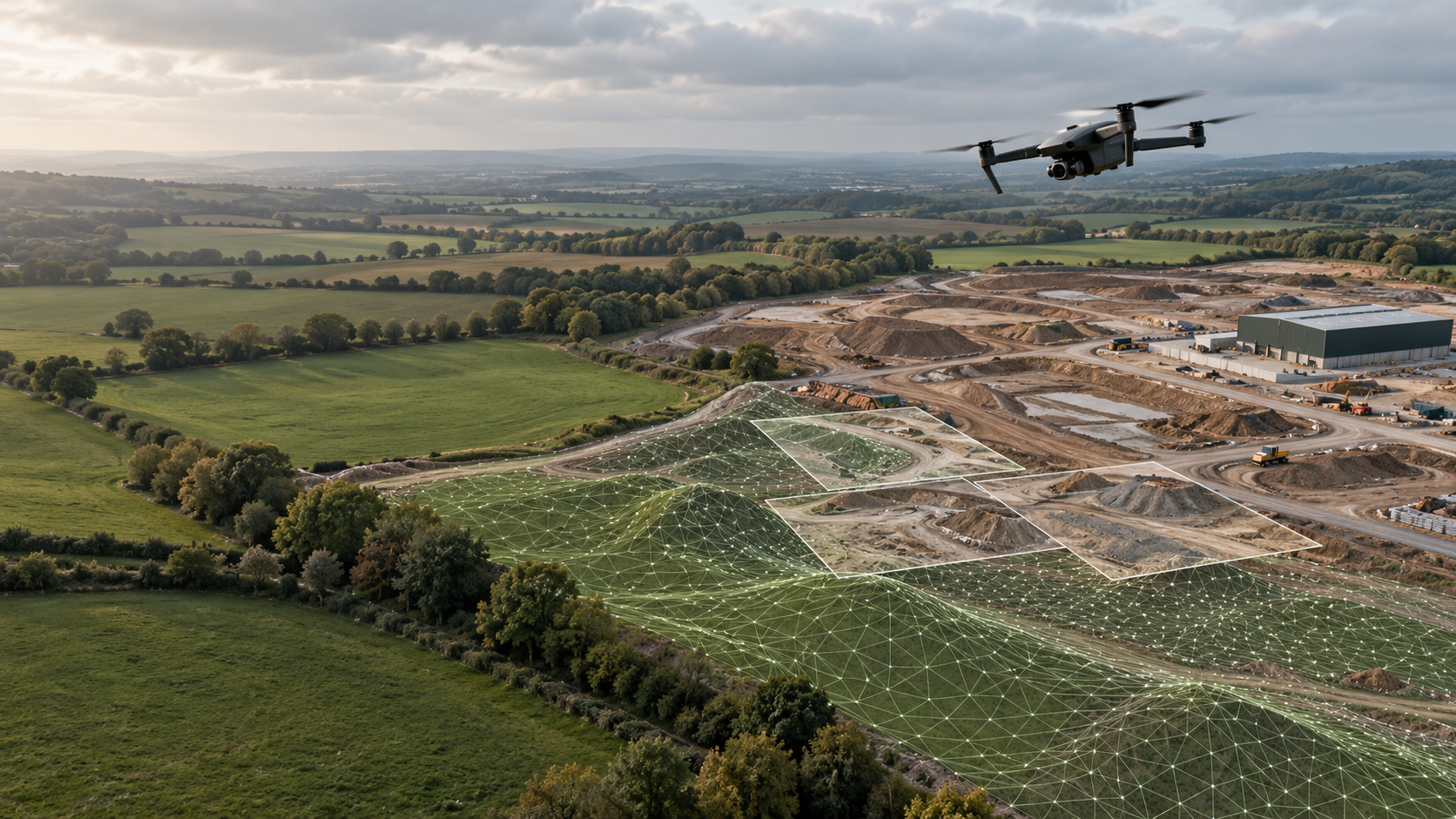 Concept visual of a camera drone capturing terrain for a photogrammetry model