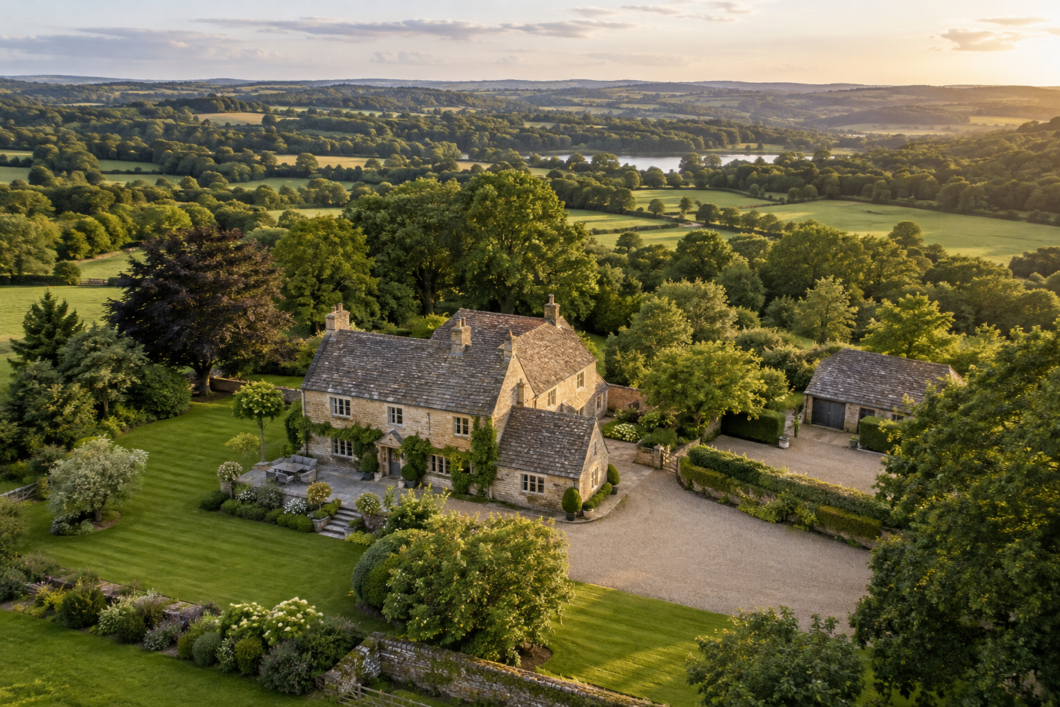 A country property photographed within its gardens and surrounding landscape