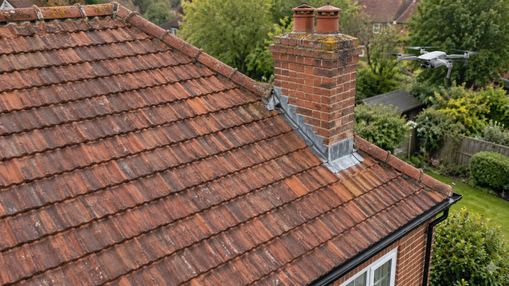 Illustrative roof inspection hero with reddish roof tiles, chimney and a drone